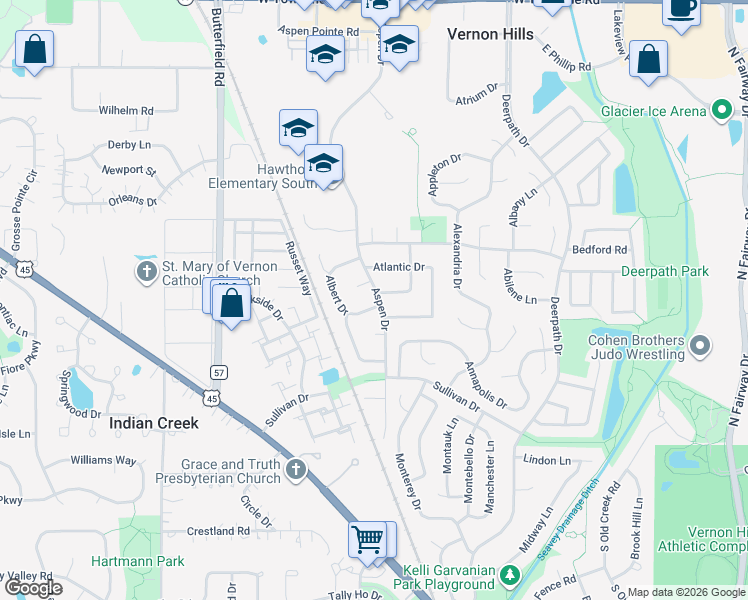 map of restaurants, bars, coffee shops, grocery stores, and more near 300 Albert Dr in Vernon Hills