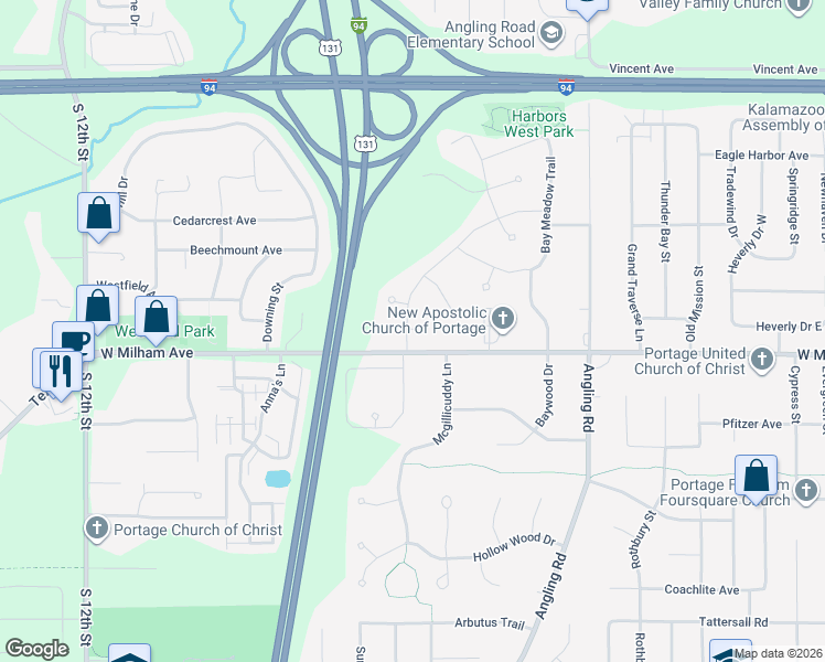 map of restaurants, bars, coffee shops, grocery stores, and more near 3738 West Milham Avenue in Portage