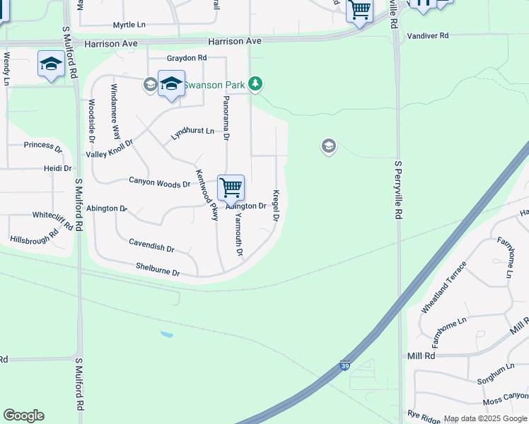 map of restaurants, bars, coffee shops, grocery stores, and more near 6575 Abington Drive in Rockford