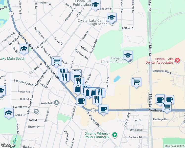 map of restaurants, bars, coffee shops, grocery stores, and more near 365 Harold Street in Crystal Lake