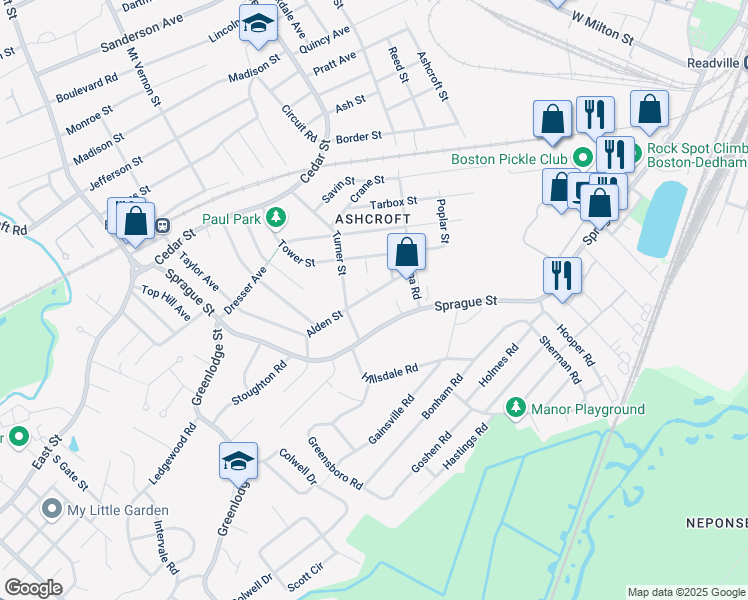 map of restaurants, bars, coffee shops, grocery stores, and more near 40 Alden Street in Dedham