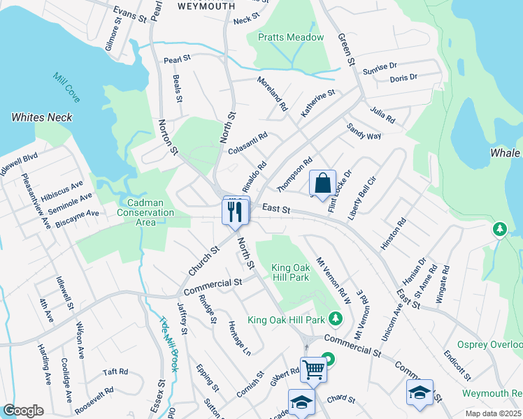 map of restaurants, bars, coffee shops, grocery stores, and more near 474 Green Street in Weymouth