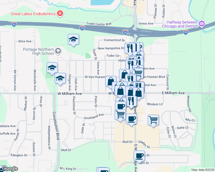 map of restaurants, bars, coffee shops, grocery stores, and more near 5916 Ohio Avenue in Portage
