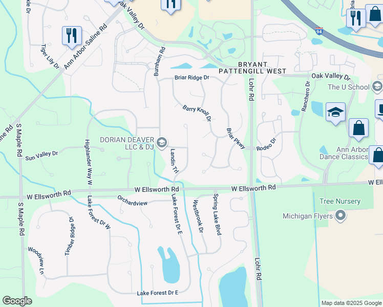 map of restaurants, bars, coffee shops, grocery stores, and more near 3845 Arcadia Drive in Ann Arbor