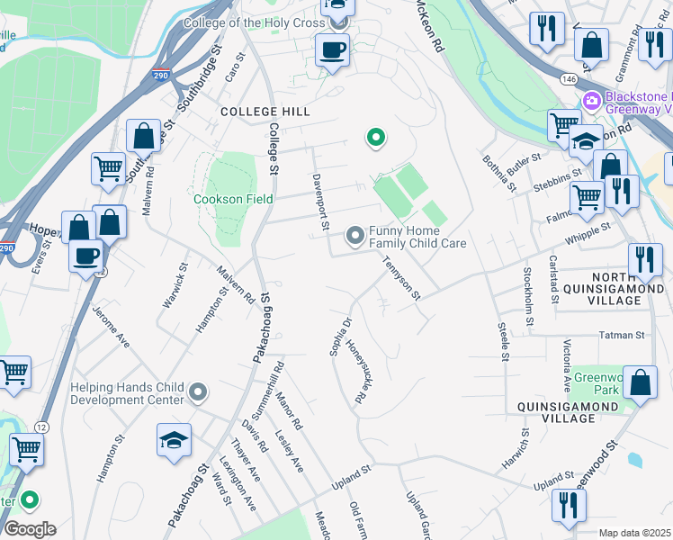 map of restaurants, bars, coffee shops, grocery stores, and more near 41 Davenport Street in Worcester