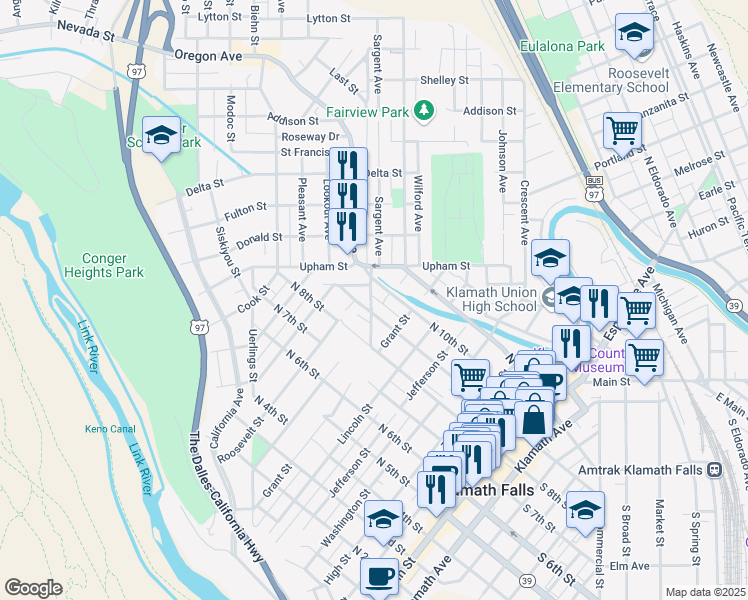 map of restaurants, bars, coffee shops, grocery stores, and more near 912 Prospect Street in Klamath Falls