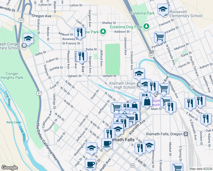 map of restaurants, bars, coffee shops, grocery stores, and more near 611 North 11th Street in Klamath Falls