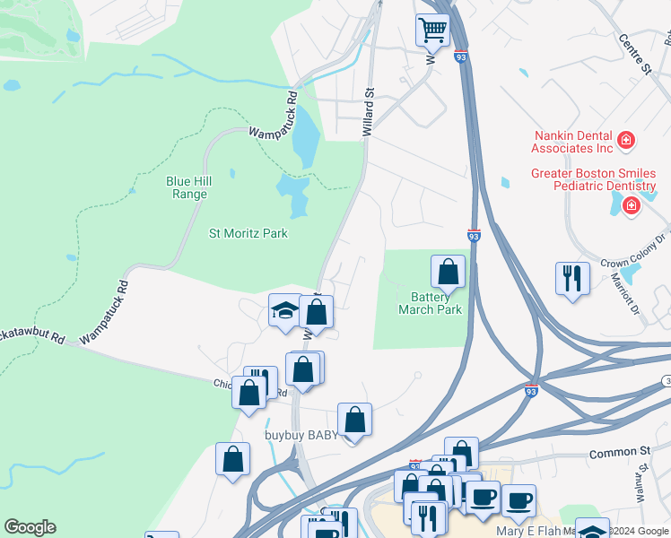 map of restaurants, bars, coffee shops, grocery stores, and more near 762 Willard Street in Quincy