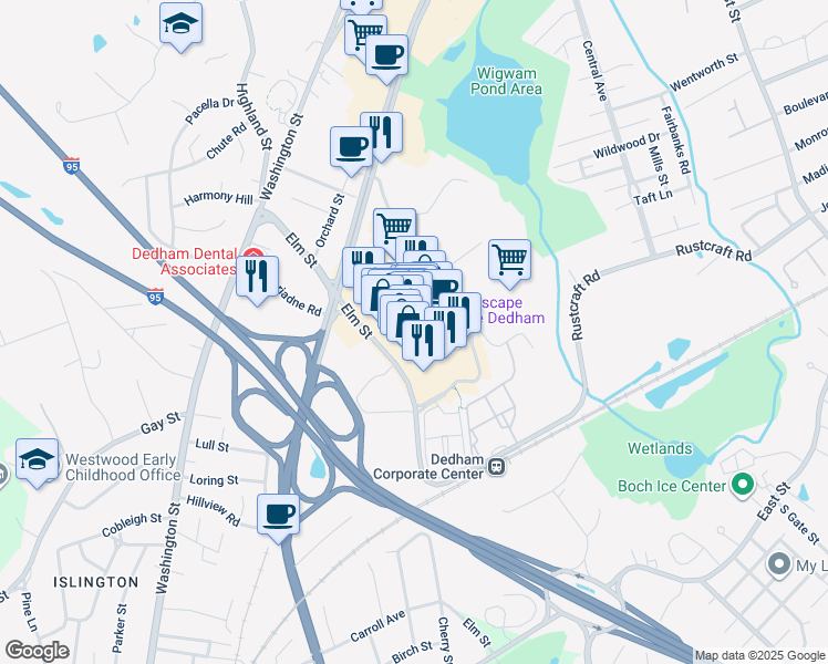 map of restaurants, bars, coffee shops, grocery stores, and more near 736 Legacy Place in Dedham