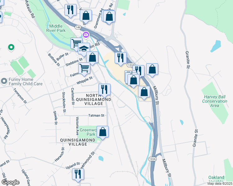 map of restaurants, bars, coffee shops, grocery stores, and more near 91 Blackstone River Road in Worcester