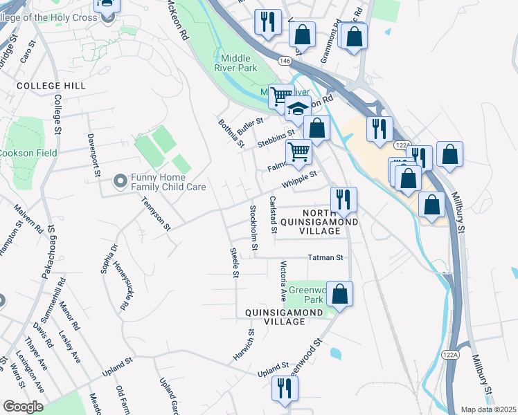 map of restaurants, bars, coffee shops, grocery stores, and more near 55 Whipple Street in Worcester