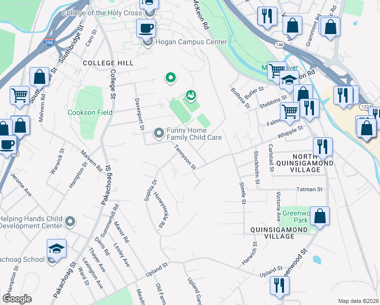 map of restaurants, bars, coffee shops, grocery stores, and more near 57 Tennyson Street in Worcester