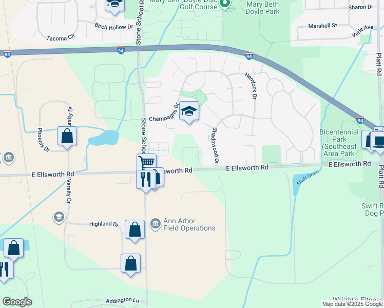 map of restaurants, bars, coffee shops, grocery stores, and more near 2273 Shadowood Drive in Ann Arbor