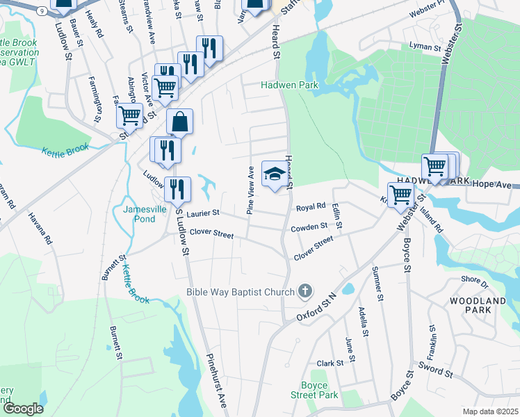 map of restaurants, bars, coffee shops, grocery stores, and more near 16 Papineau Avenue in Worcester