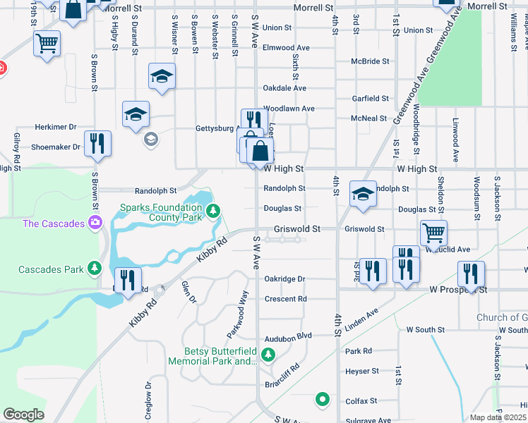 map of restaurants, bars, coffee shops, grocery stores, and more near 765 Douglas Street in Jackson