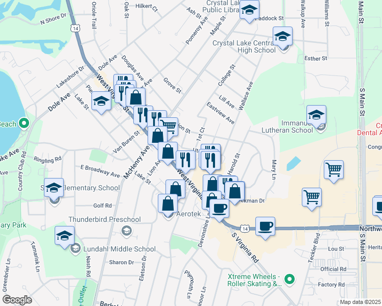 map of restaurants, bars, coffee shops, grocery stores, and more near 243 Uteg Street in Crystal Lake