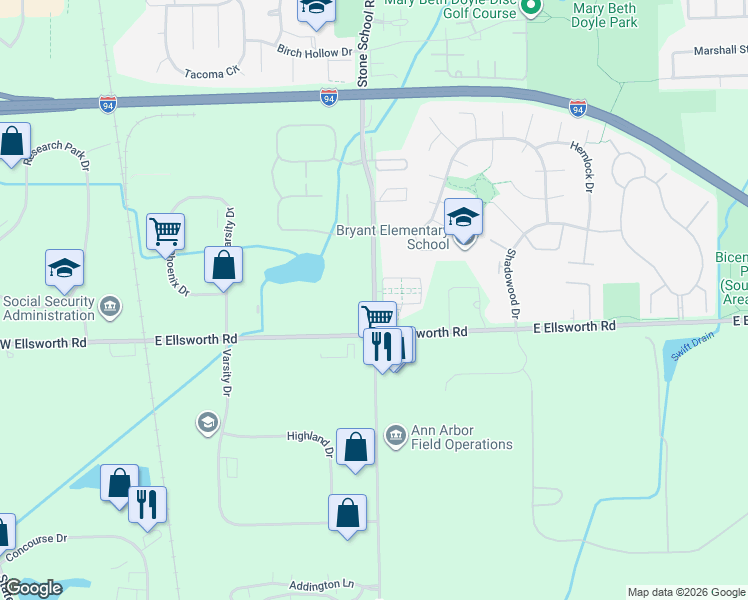 map of restaurants, bars, coffee shops, grocery stores, and more near 3930 Stone School Road in Ann Arbor