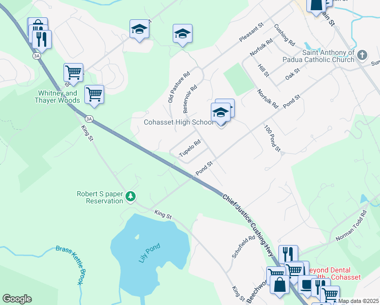 map of restaurants, bars, coffee shops, grocery stores, and more near 18 Tupelo Road in Cohasset