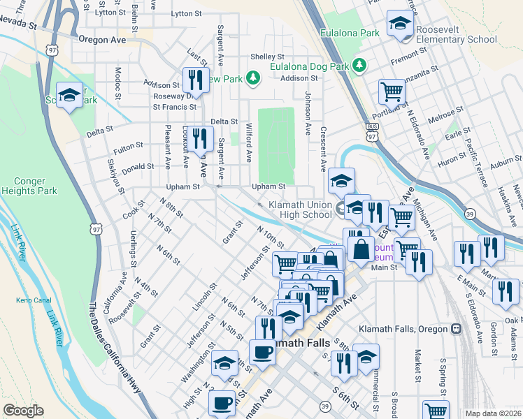 map of restaurants, bars, coffee shops, grocery stores, and more near 611 North 11th Street in Klamath Falls