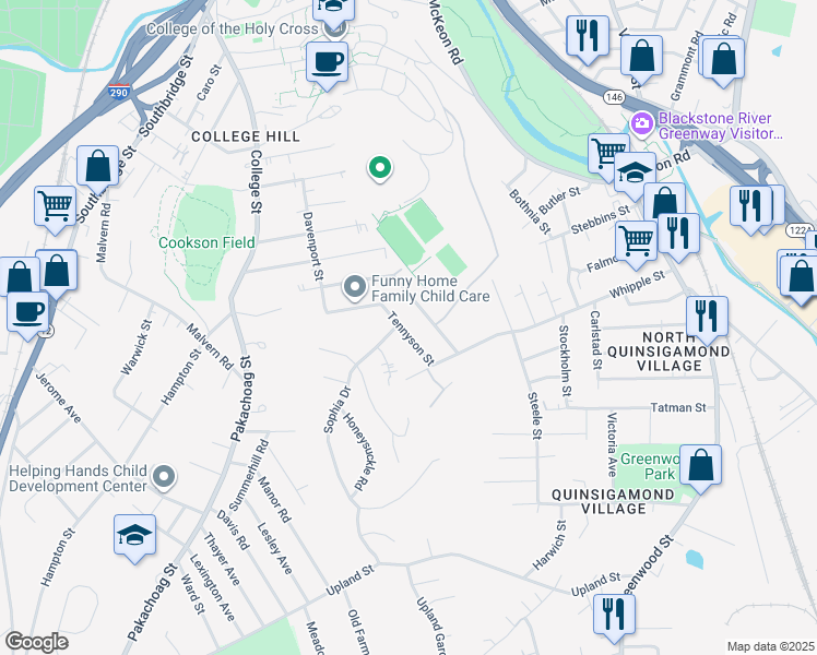 map of restaurants, bars, coffee shops, grocery stores, and more near 57 Tennyson Street in Worcester