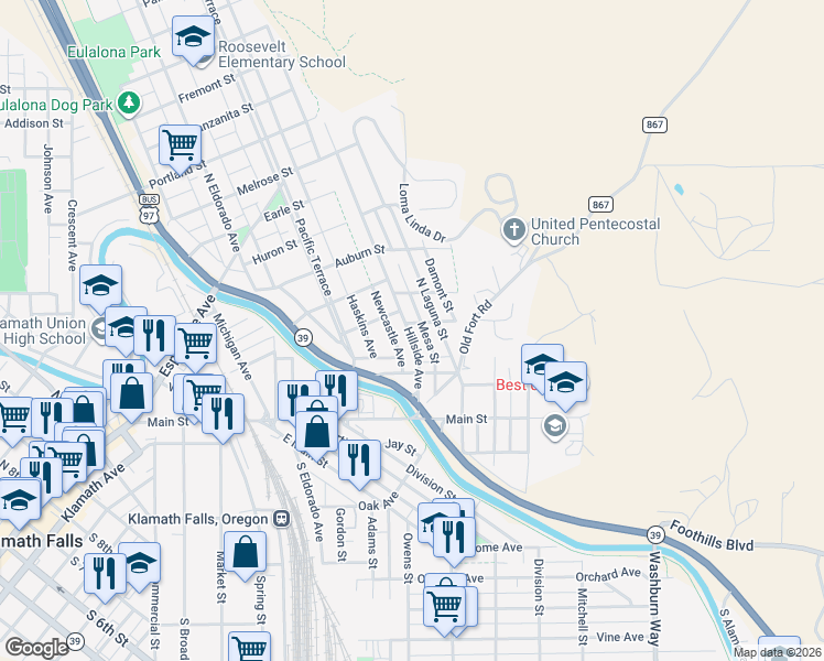 map of restaurants, bars, coffee shops, grocery stores, and more near 241 Hillside Avenue in Klamath Falls