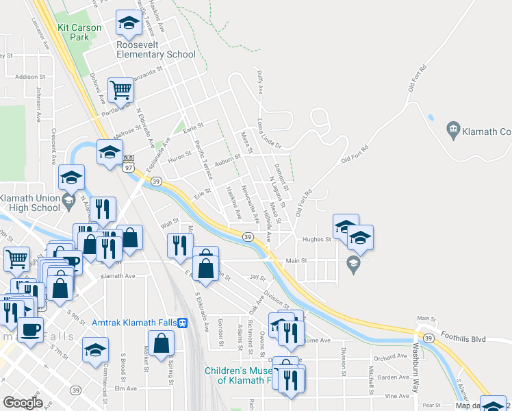 map of restaurants, bars, coffee shops, grocery stores, and more near 234 Hillside Avenue in Klamath Falls