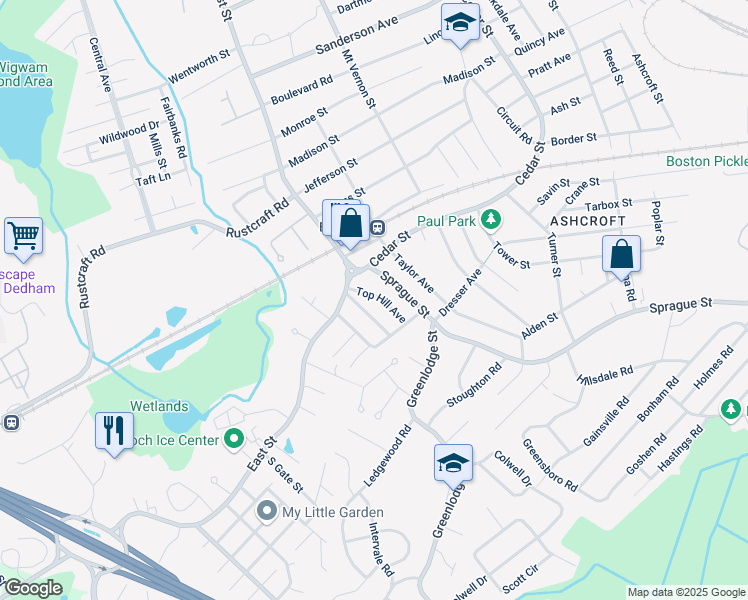 map of restaurants, bars, coffee shops, grocery stores, and more near 27 Top Hill Avenue in Dedham