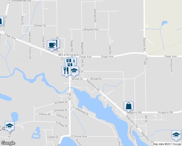 map of restaurants, bars, coffee shops, grocery stores, and more near 231 Grand Street in Michigan Center