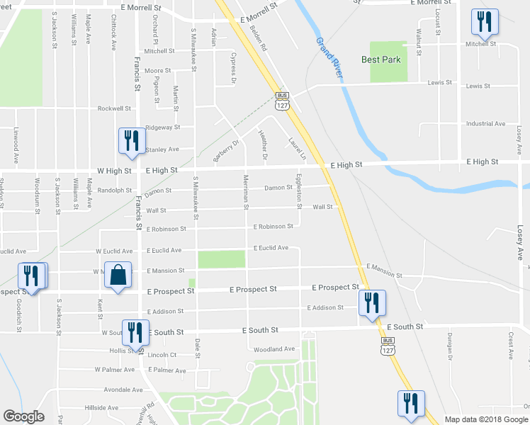 map of restaurants, bars, coffee shops, grocery stores, and more near 319 Wall Street in Jackson