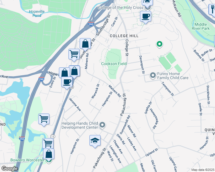 map of restaurants, bars, coffee shops, grocery stores, and more near 132 Malvern Road in Worcester