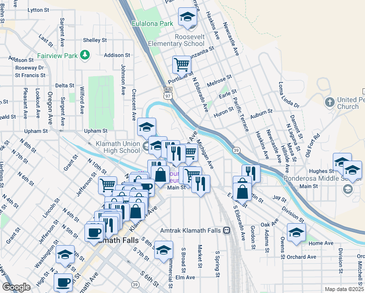 map of restaurants, bars, coffee shops, grocery stores, and more near 1501 U.S. 97 Business in Klamath Falls