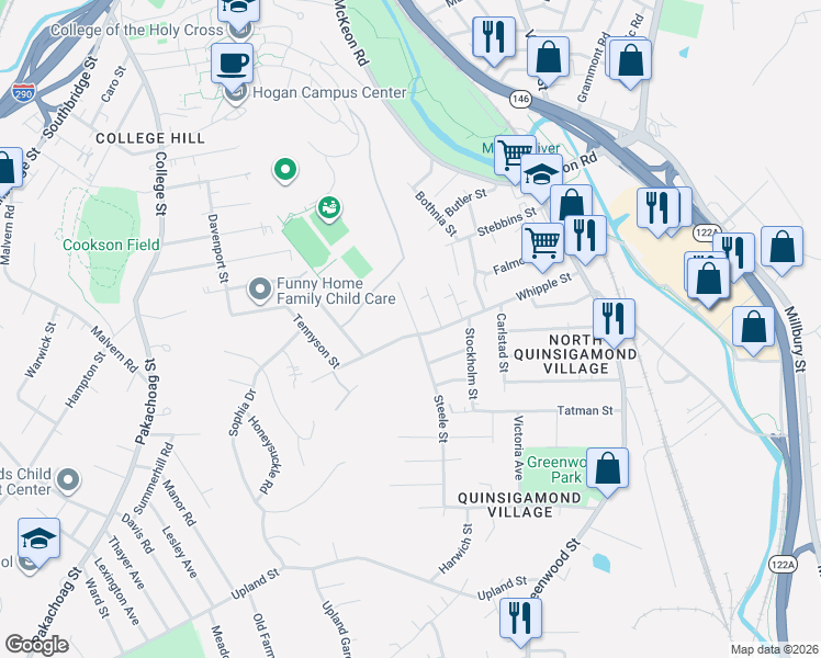 map of restaurants, bars, coffee shops, grocery stores, and more near 5 North Steele Street in Worcester
