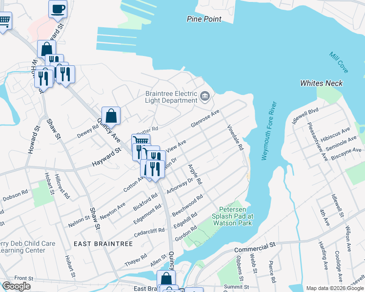map of restaurants, bars, coffee shops, grocery stores, and more near 79 Pleasant View Ave in Braintree