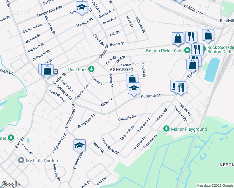 map of restaurants, bars, coffee shops, grocery stores, and more near 40 Alden Street in Dedham