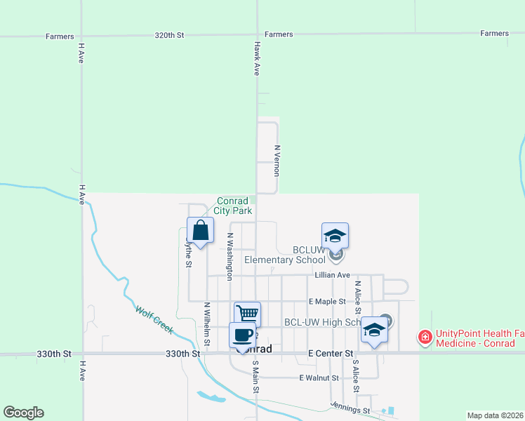 map of restaurants, bars, coffee shops, grocery stores, and more near 601 North Main Street in Conrad