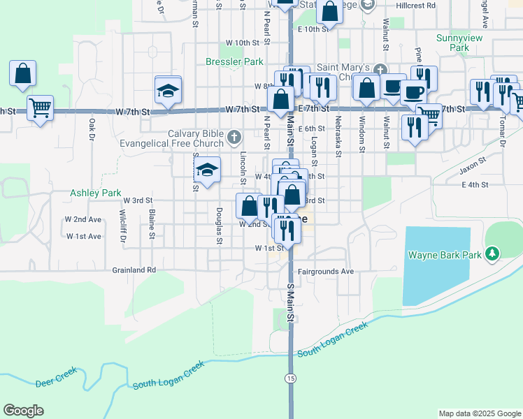 map of restaurants, bars, coffee shops, grocery stores, and more near 222 North Pearl Street in Wayne