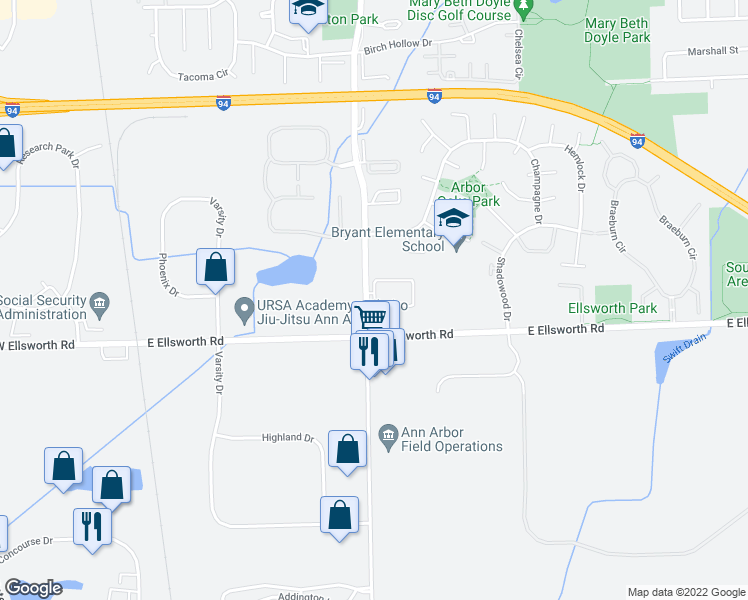 map of restaurants, bars, coffee shops, grocery stores, and more near 3024 Cloverly Lane in Ann Arbor