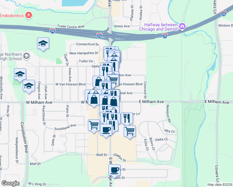 map of restaurants, bars, coffee shops, grocery stores, and more near 124 Colonial Avenue in Portage