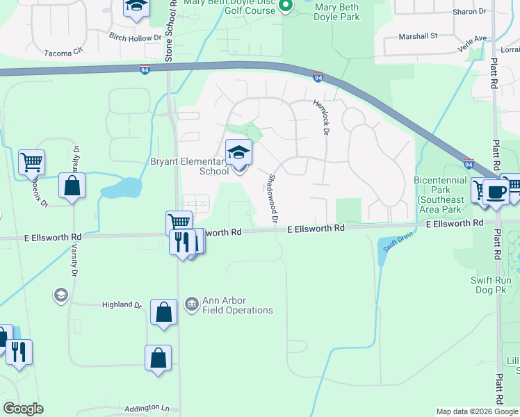 map of restaurants, bars, coffee shops, grocery stores, and more near 2273 Shadowood Drive in Ann Arbor