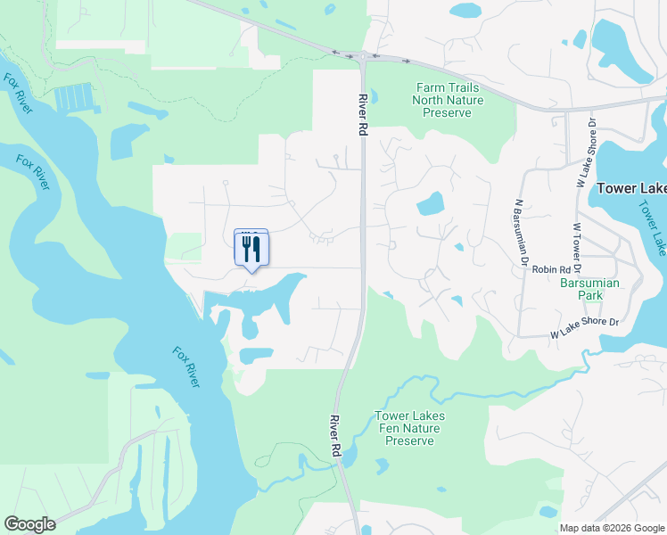 map of restaurants, bars, coffee shops, grocery stores, and more near 25248 River Road in Lake Barrington