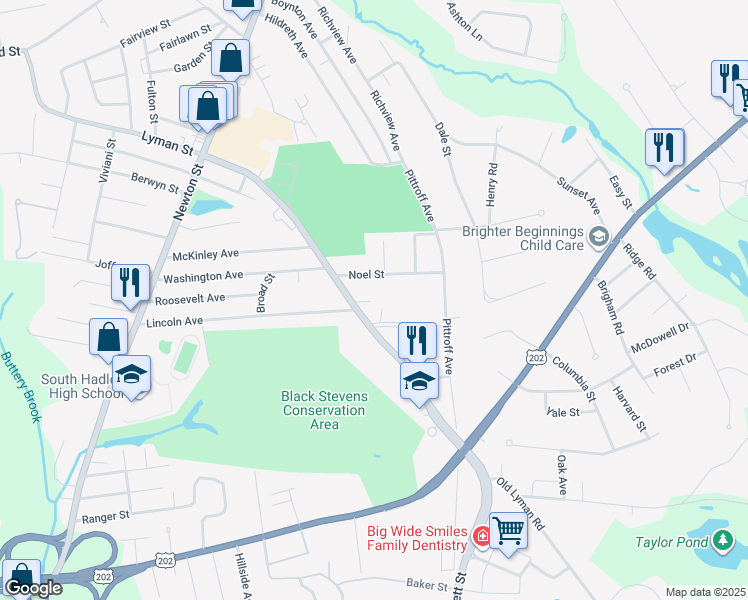 map of restaurants, bars, coffee shops, grocery stores, and more near 39 Lyman Street in South Hadley