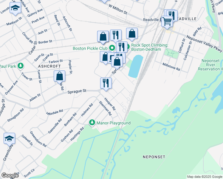 map of restaurants, bars, coffee shops, grocery stores, and more near 34 Argyle Road in Dedham