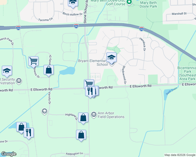 map of restaurants, bars, coffee shops, grocery stores, and more near 3016 Cloverly Lane in Ann Arbor