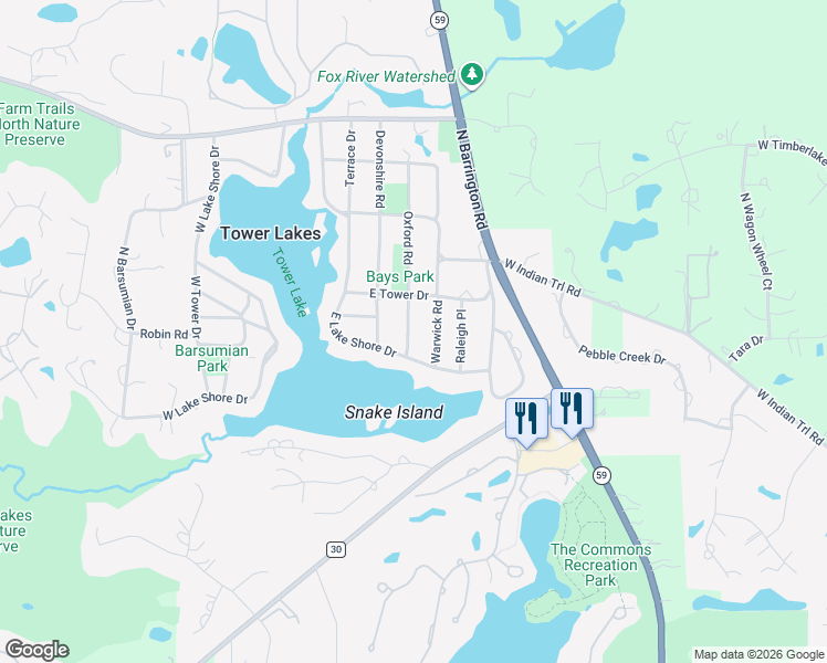 map of restaurants, bars, coffee shops, grocery stores, and more near 25279 Oxford Road in Tower Lakes