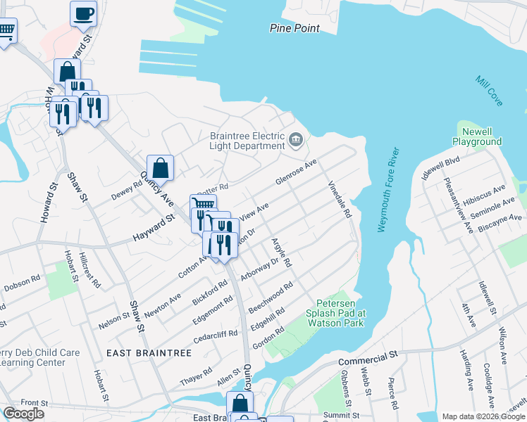 map of restaurants, bars, coffee shops, grocery stores, and more near 79 Pleasant View Avenue in Braintree