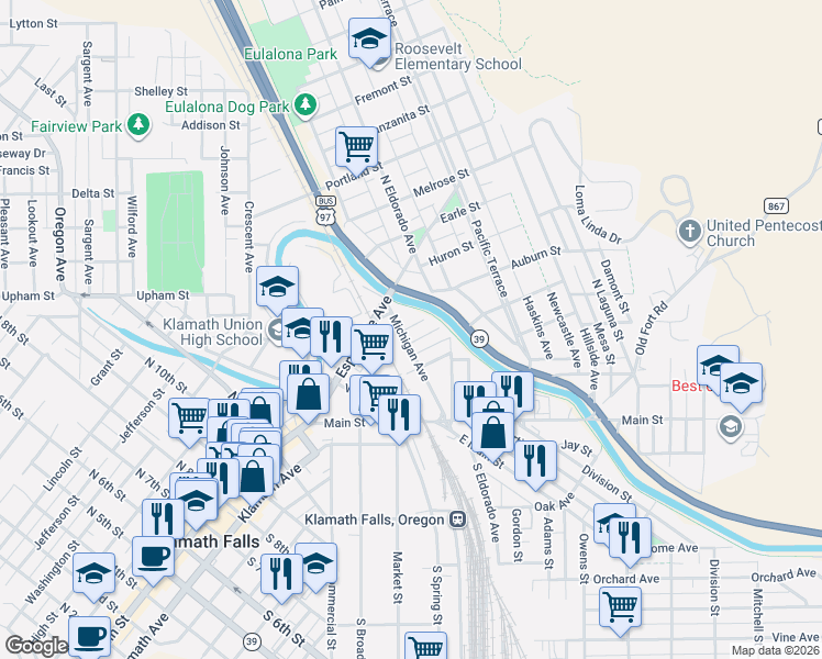 map of restaurants, bars, coffee shops, grocery stores, and more near 1737 Menlo Way in Klamath Falls