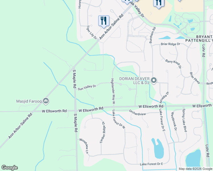 map of restaurants, bars, coffee shops, grocery stores, and more near 3832 Highlander Way West in Ann Arbor
