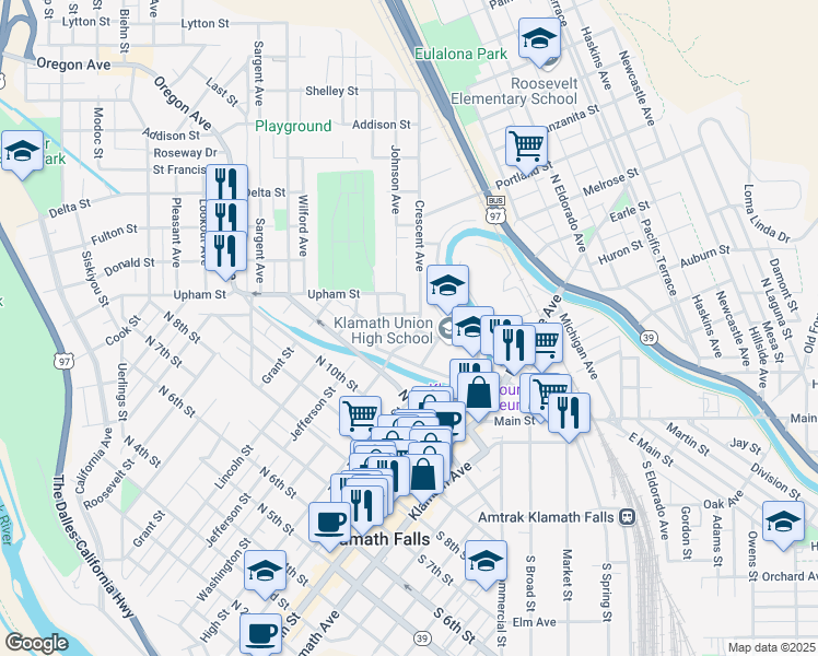 map of restaurants, bars, coffee shops, grocery stores, and more near 1170 Crescent Avenue in Klamath Falls