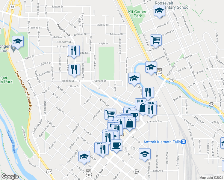 map of restaurants, bars, coffee shops, grocery stores, and more near 520 North 12th Street in Klamath Falls
