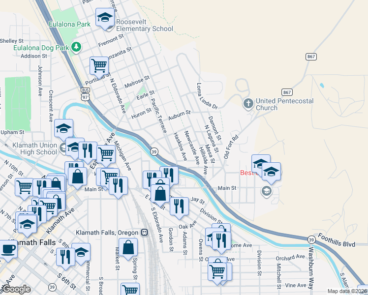 map of restaurants, bars, coffee shops, grocery stores, and more near 2036 Lavey Street in Klamath Falls